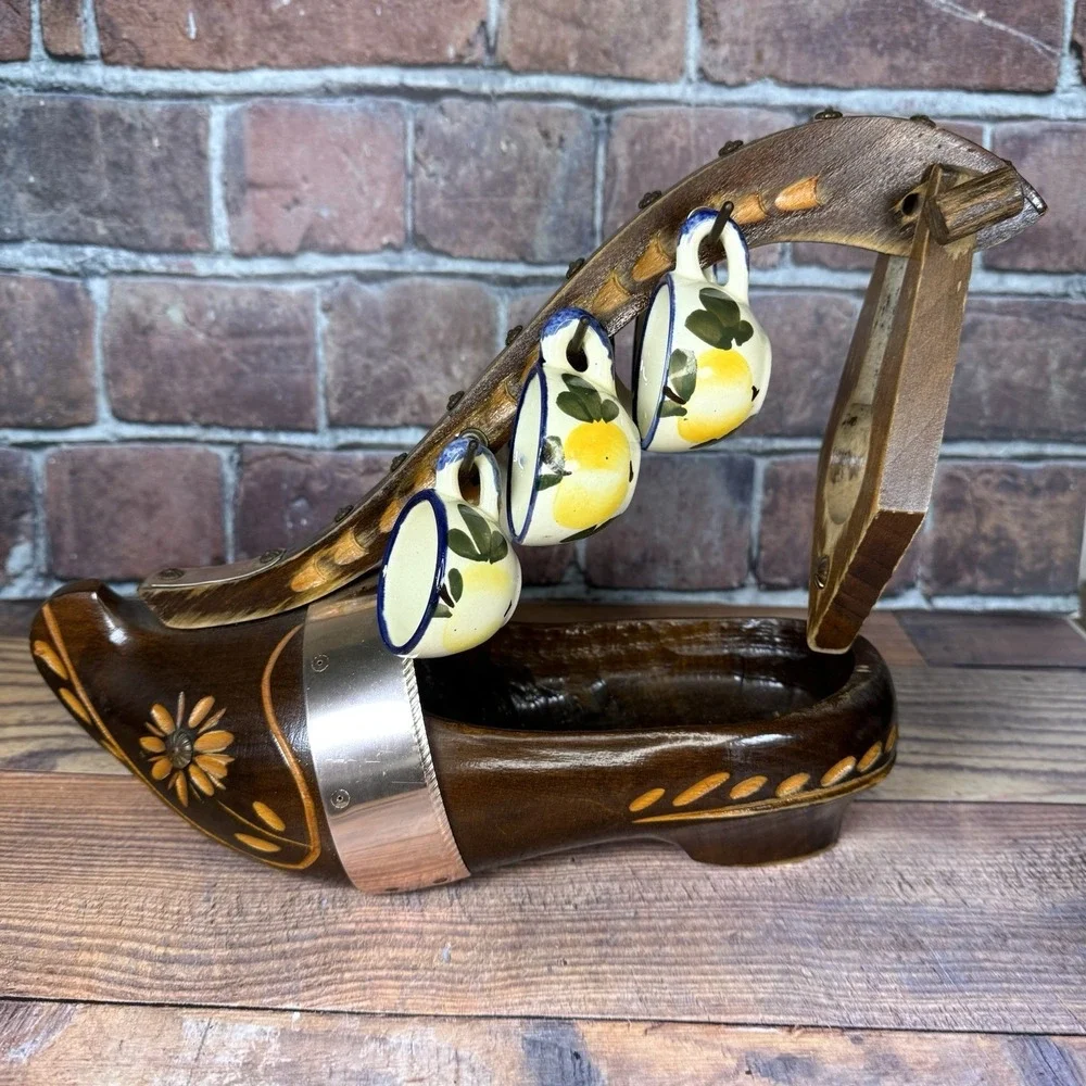 Vintage Dutch Clog Wine Bottle Holder Hand Carved Wooden Shoe W 6 Quimper‎ Cups